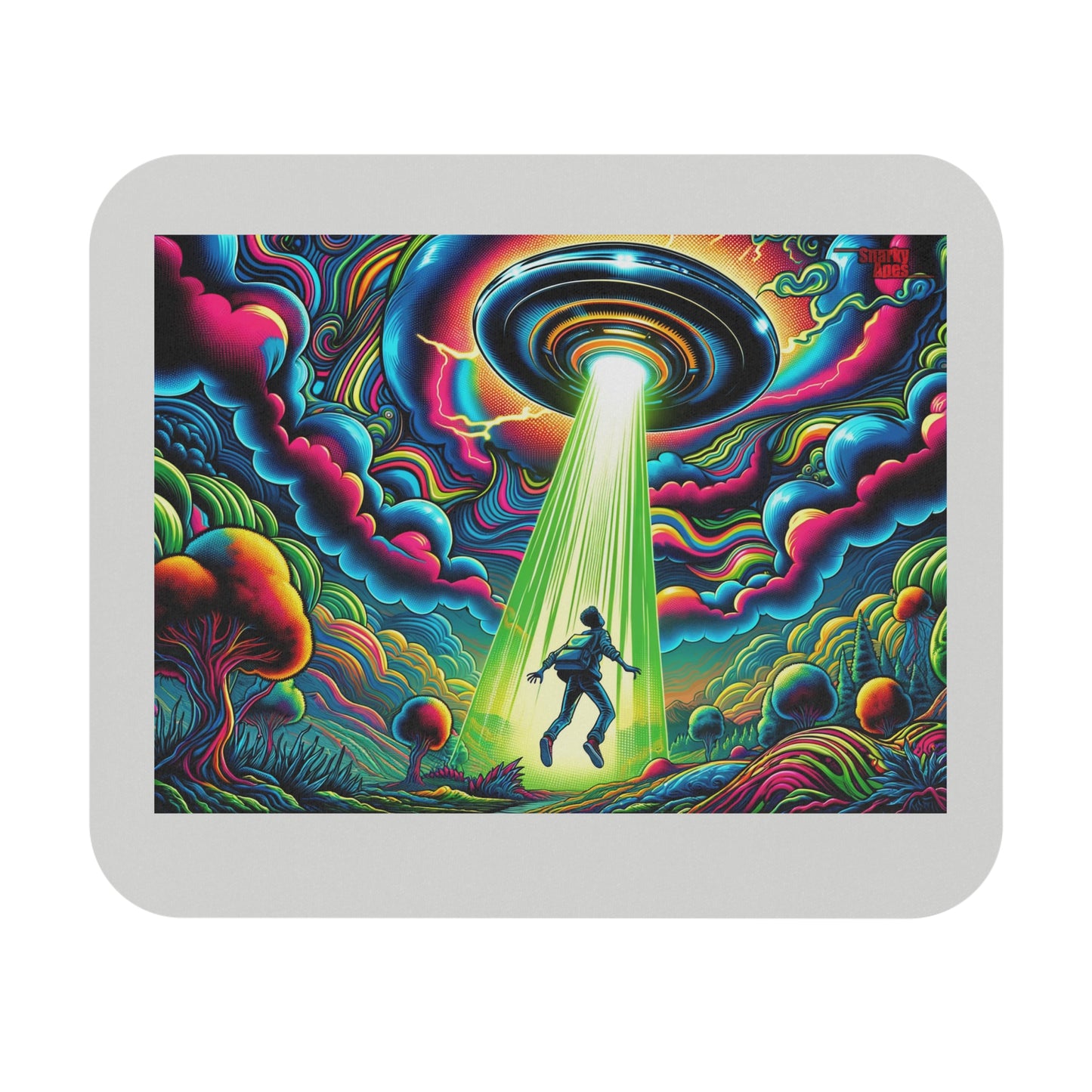 Alien Abduction Neon Art Mouse Pad — Psychedelic UFO Desk Mat
