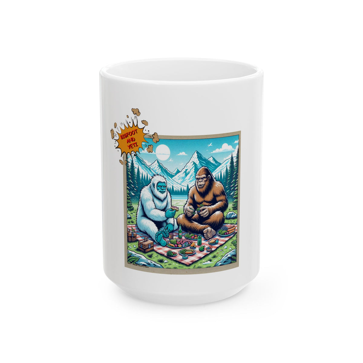Yeti vs Bigfoot Picnic Ceramic Mug — Funny Sasquatch Coffee Cup (11oz, 15oz)
