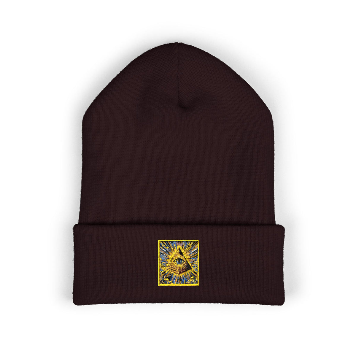 Embroidered Gold Pyramid Beanie — Minimalist Geometric Cuffed Knit Hat