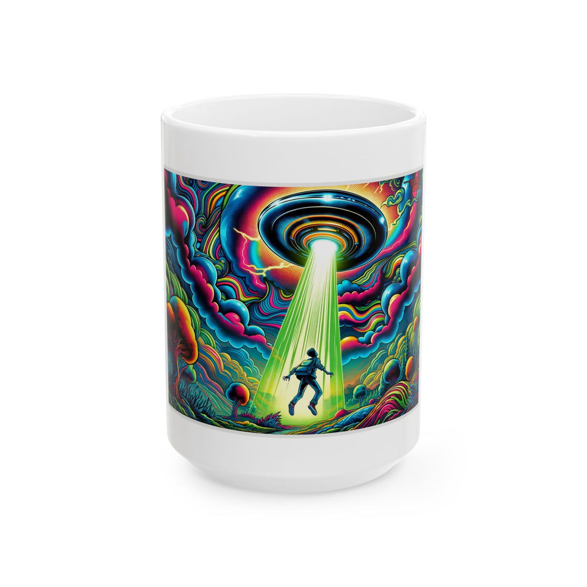 Alien Abduction Ceramic Mug — Psychedelic UFO Art Coffee Cup (11oz, 15oz)