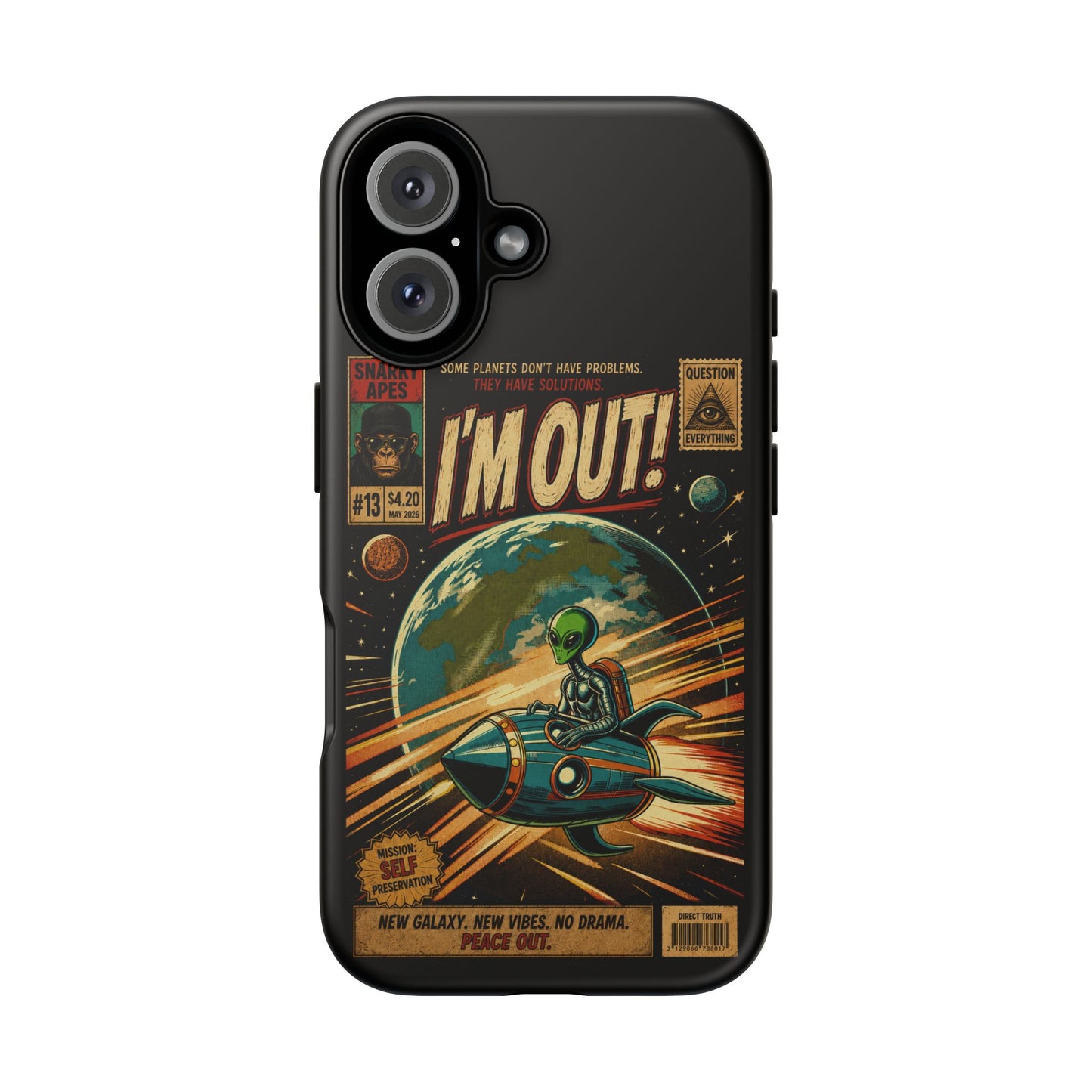 Phone Case — Retro Sci‑Fi 'I'm Out!' Alien Rocket Design