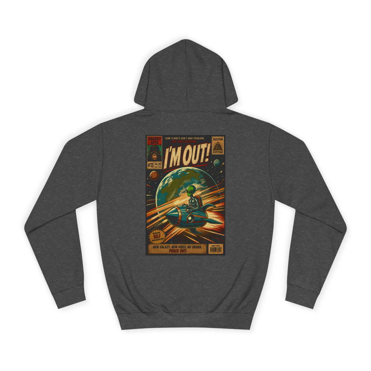 College Hoodie — Retro Sci‑Fi 'I'm Out!' Spaceship Graphic