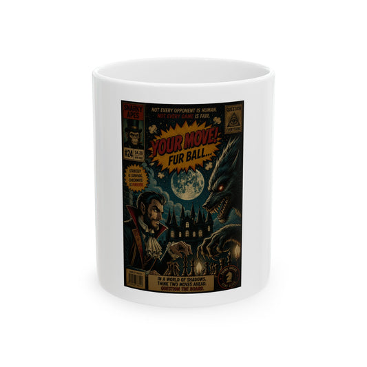 Werewolf Comic Ceramic Mug – “Your Move, Fur Ball” Retro Horror Coffee Cup