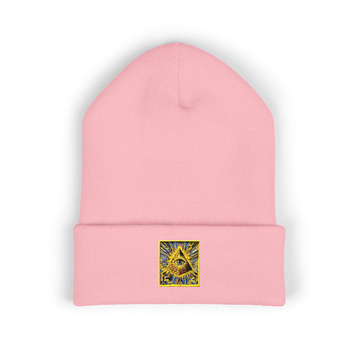 Embroidered Gold Pyramid Beanie — Minimalist Geometric Cuffed Knit Hat