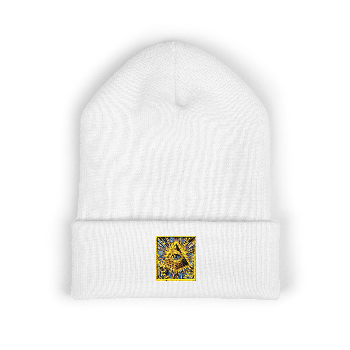 Embroidered Gold Pyramid Beanie — Minimalist Geometric Cuffed Knit Hat