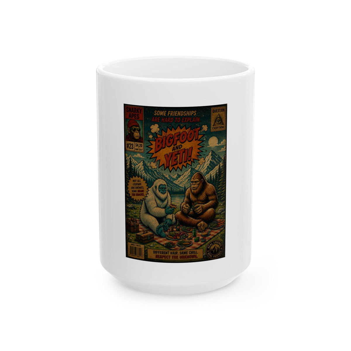Bigfoot & Yeti Vintage Comic Mug — Cozy Camping Coffee Cup (11oz/15oz)