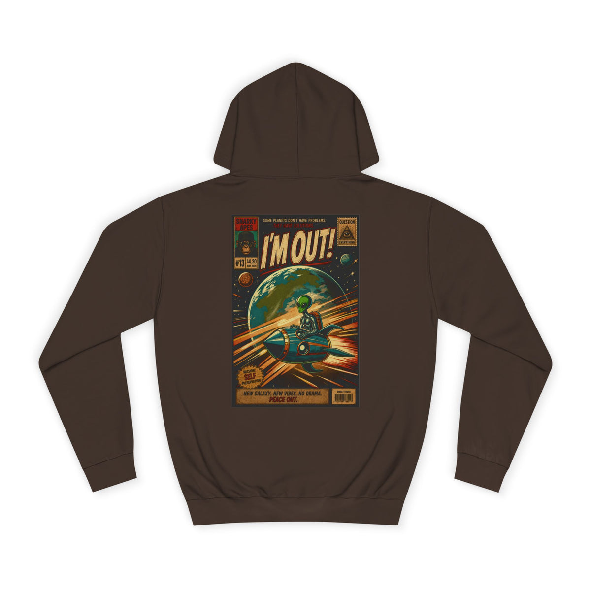 College Hoodie — Retro Sci‑Fi 'I'm Out!' Spaceship Graphic