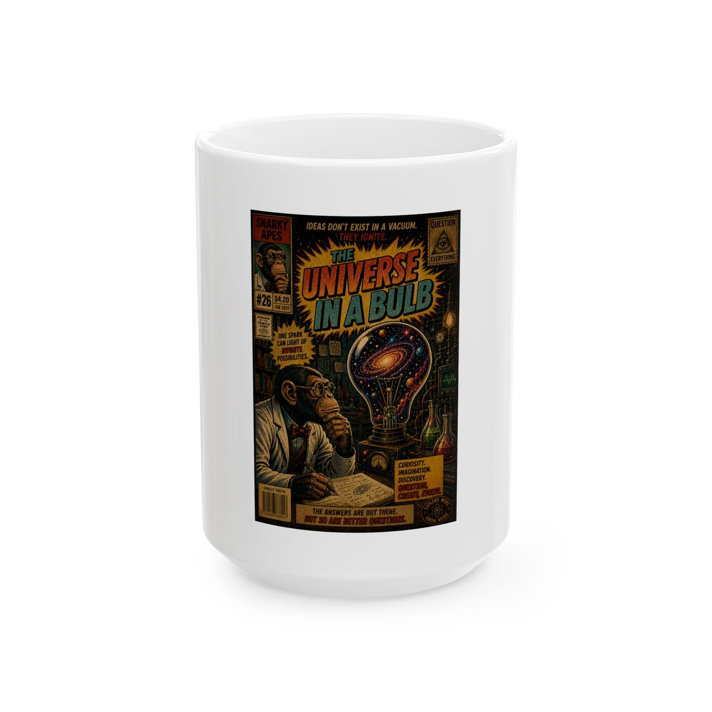 Universe in a Bulb Vintage Sci‑Fi Ceramic Mug — Retro Comic Art Coffee Cup
