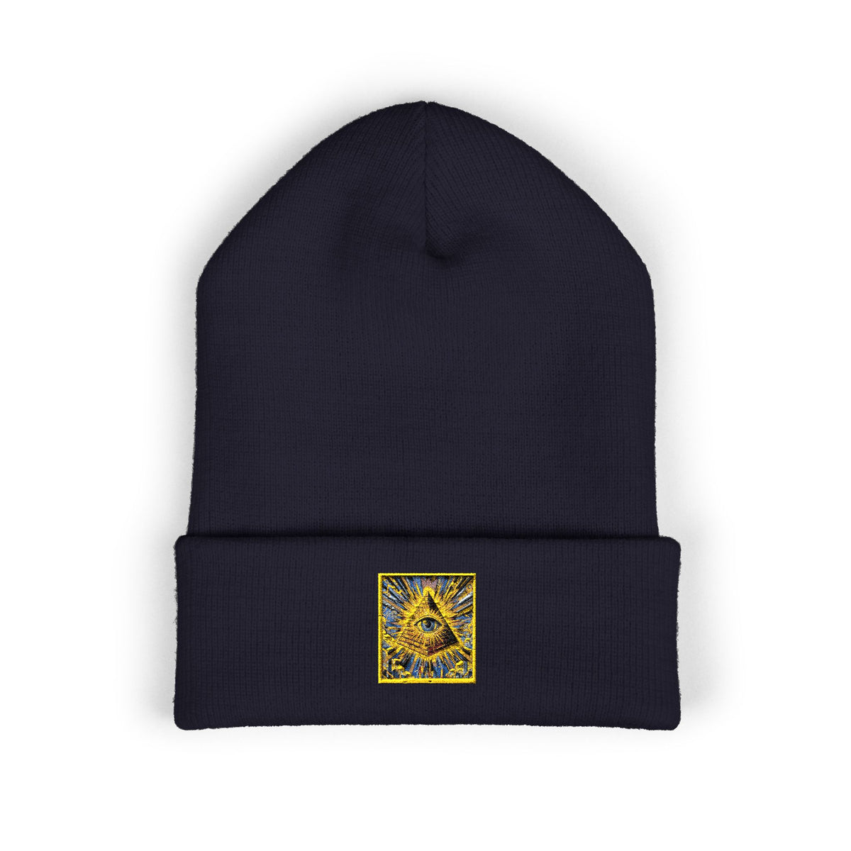 Embroidered Gold Pyramid Beanie — Minimalist Geometric Cuffed Knit Hat