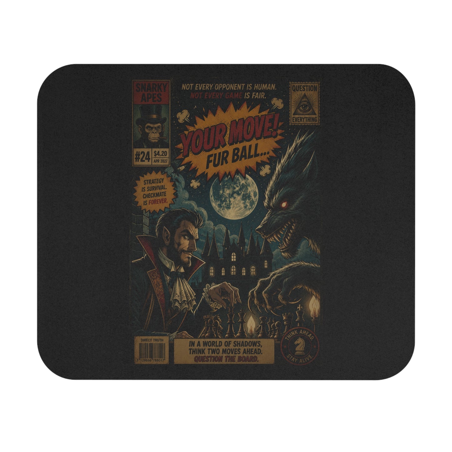 Werewolf Vs. Vampire Comic-Style Rectangle Mouse Pad — "Your Move! Fur Ball" Retro Horror Gaming Desk Mat
