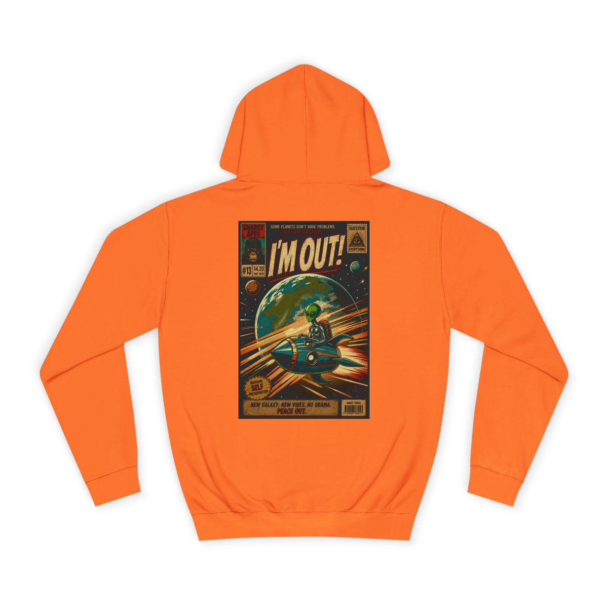 College Hoodie — Retro Sci‑Fi 'I'm Out!' Spaceship Graphic