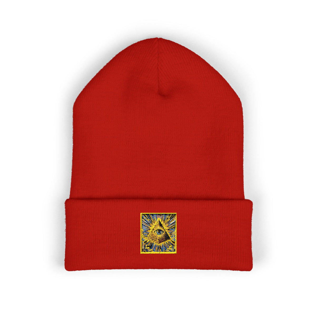 Embroidered Gold Pyramid Beanie — Minimalist Geometric Cuffed Knit Hat