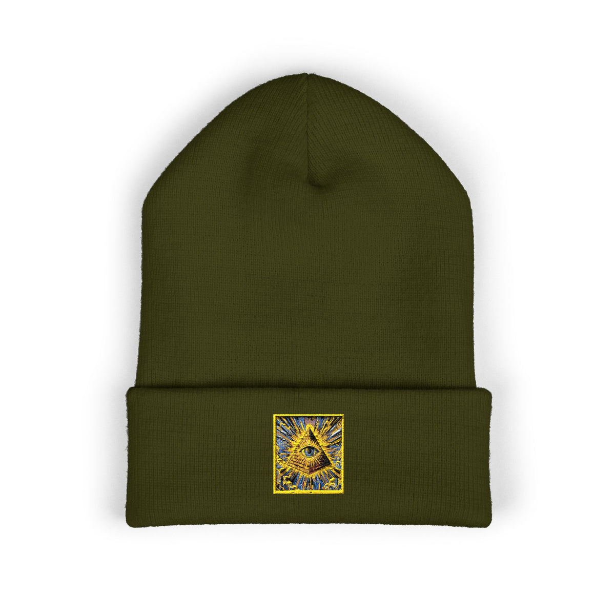Embroidered Gold Pyramid Beanie — Minimalist Geometric Cuffed Knit Hat