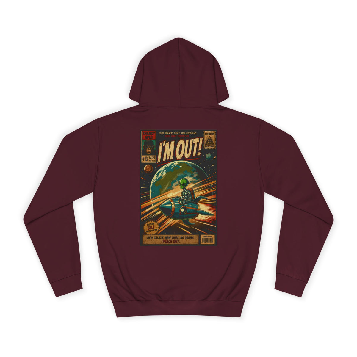 College Hoodie — Retro Sci‑Fi 'I'm Out!' Spaceship Graphic