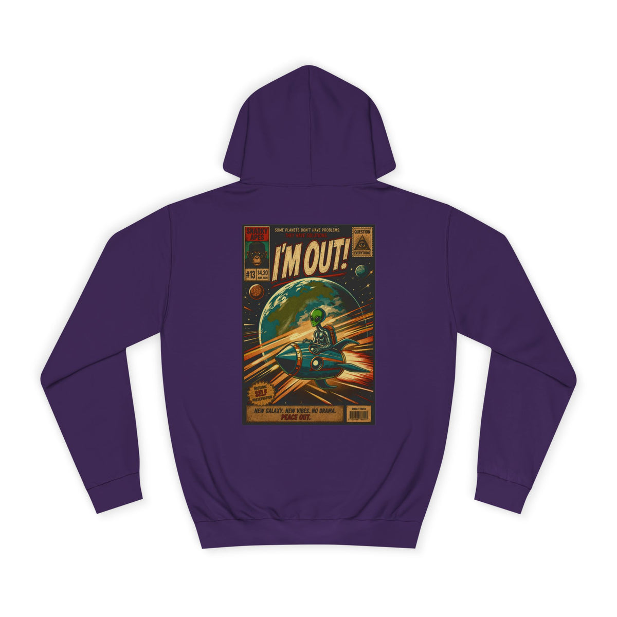College Hoodie — Retro Sci‑Fi 'I'm Out!' Spaceship Graphic
