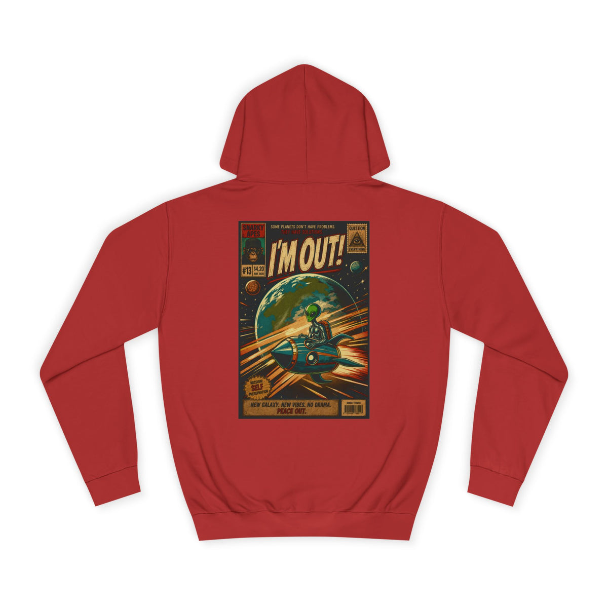 College Hoodie — Retro Sci‑Fi 'I'm Out!' Spaceship Graphic