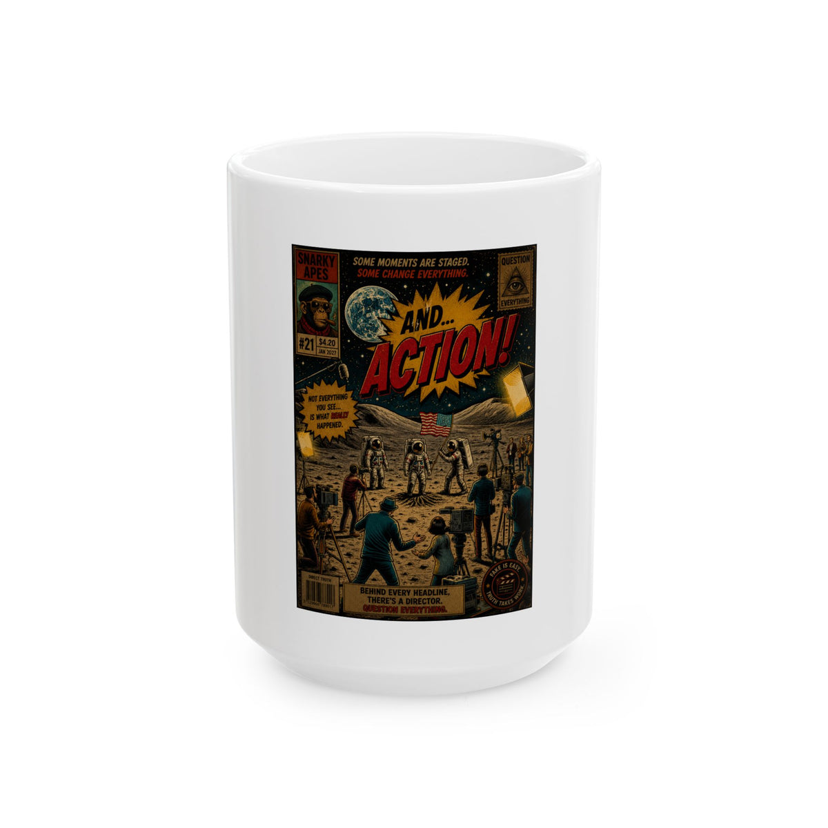 Vintage Comic '...And Action!' Ceramic Mug — Retro Sci‑Fi Coffee Cup (11oz/15oz)