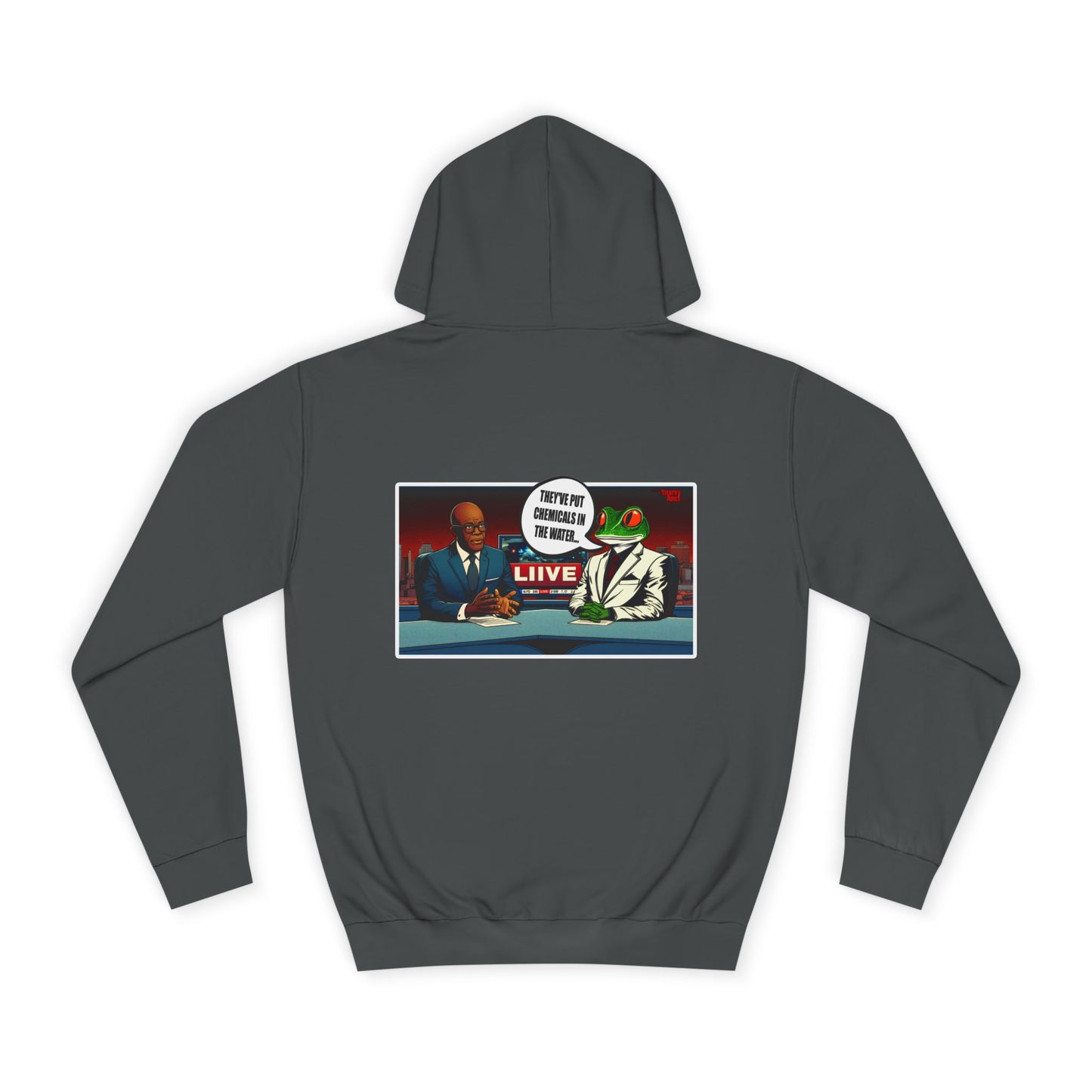 College Hoodie — Retro ‘Live’ News Anchor Graphic Hooded Sweatshirt