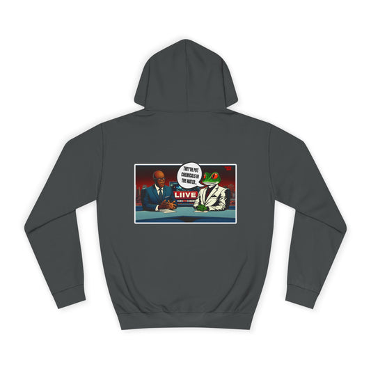 College Hoodie — Retro ‘Live’ News Anchor Graphic Hooded Sweatshirt