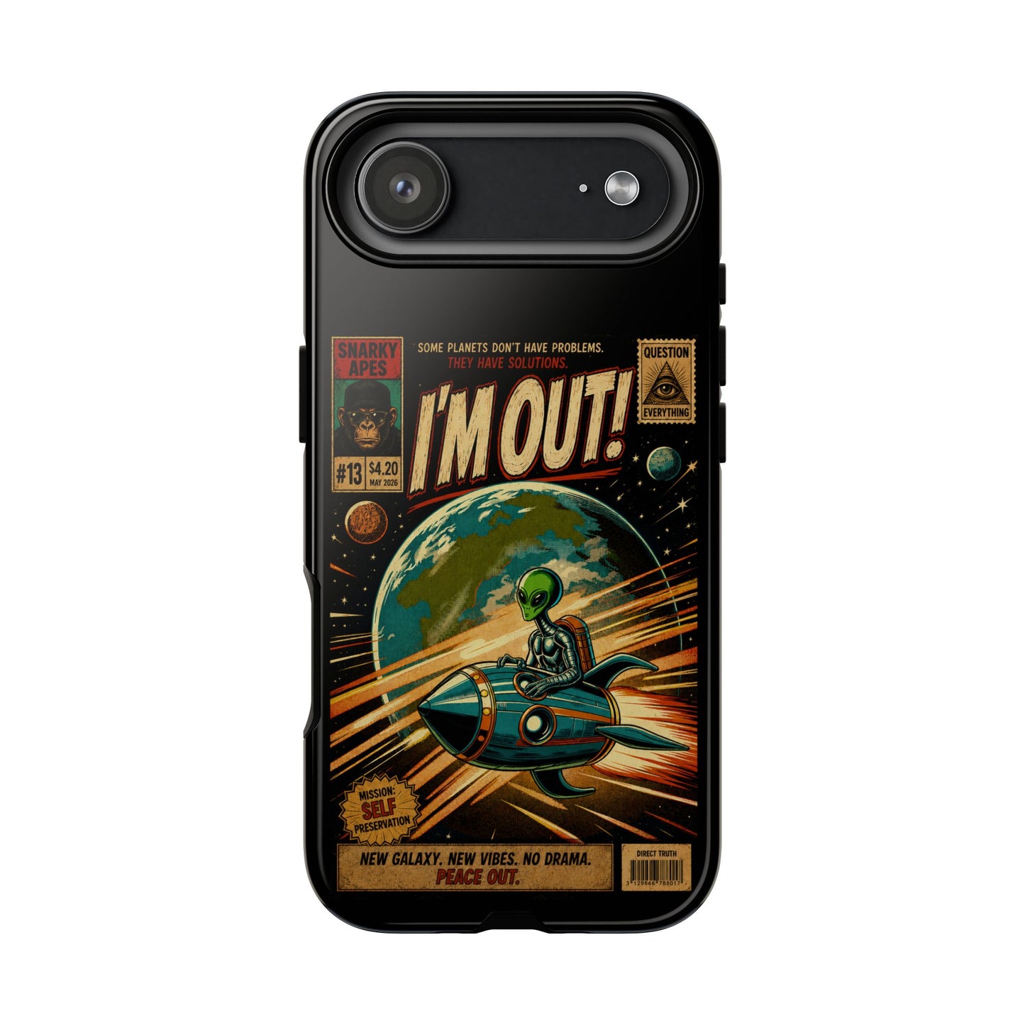 Phone Case — Retro Sci‑Fi 'I'm Out!' Alien Rocket Design