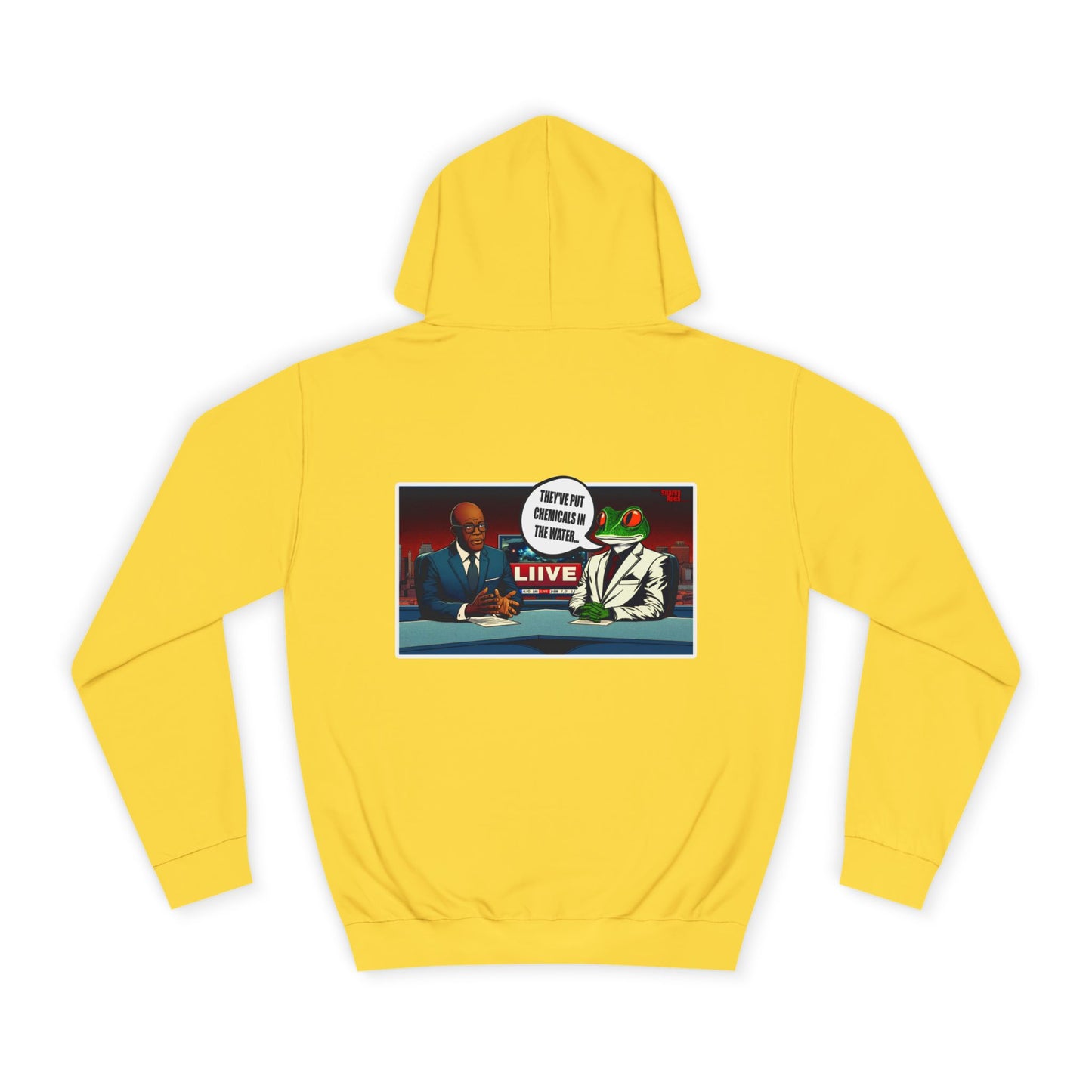College Hoodie — Retro ‘Live’ News Anchor Graphic Hooded Sweatshirt