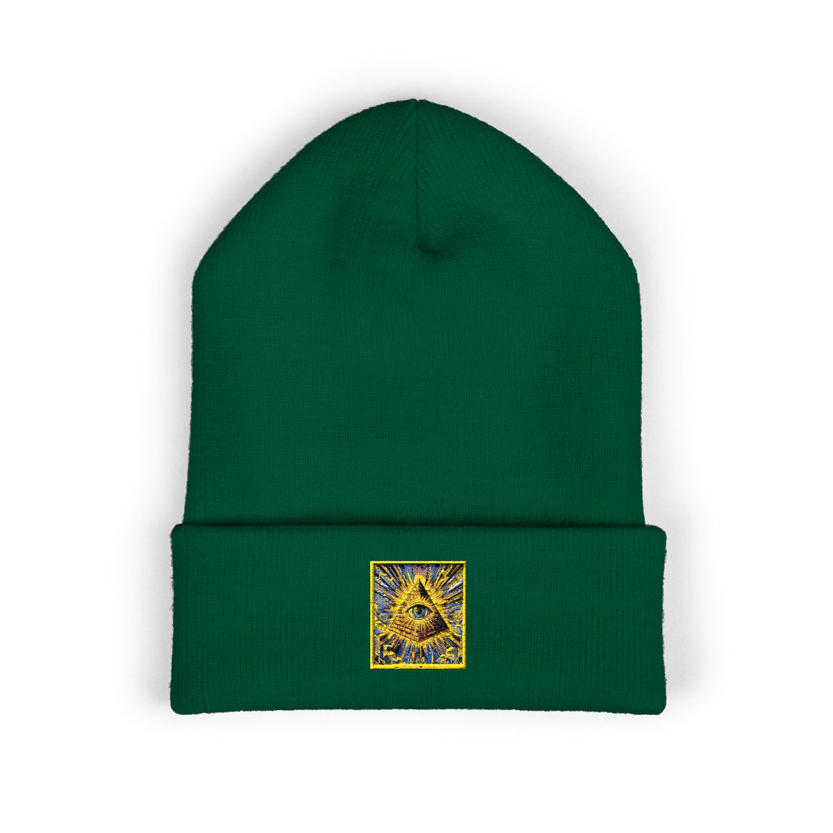 Embroidered Gold Pyramid Beanie — Minimalist Geometric Cuffed Knit Hat