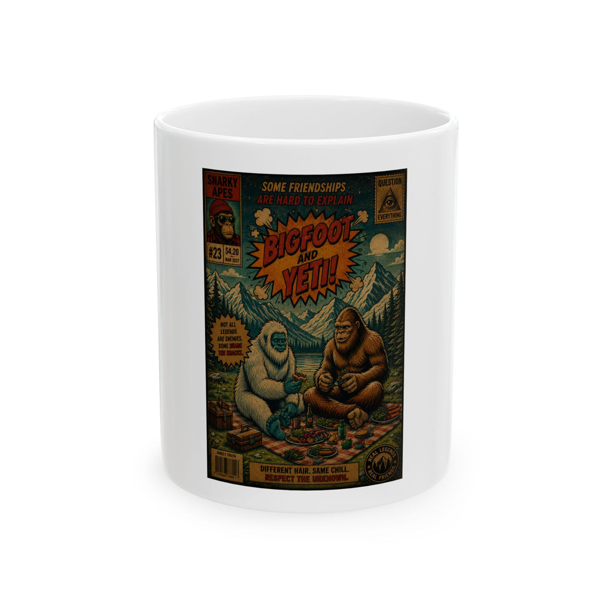 Bigfoot & Yeti Vintage Comic Mug — Cozy Camping Coffee Cup (11oz/15oz)