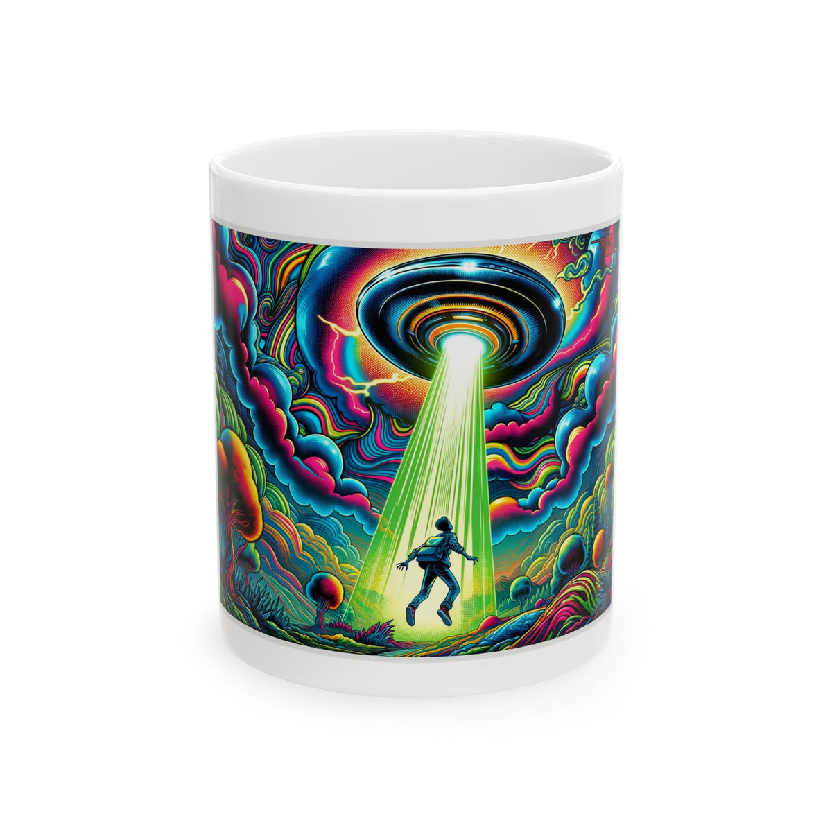 Alien Abduction Ceramic Mug — Psychedelic UFO Art Coffee Cup (11oz, 15oz)
