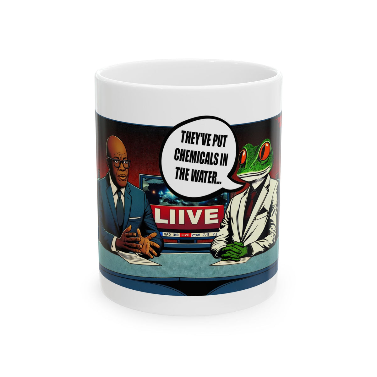 Ceramic Mug - 'They've Put Chemicals in the Water' Frog News Anchor Coffee Cup (11oz, 15oz)