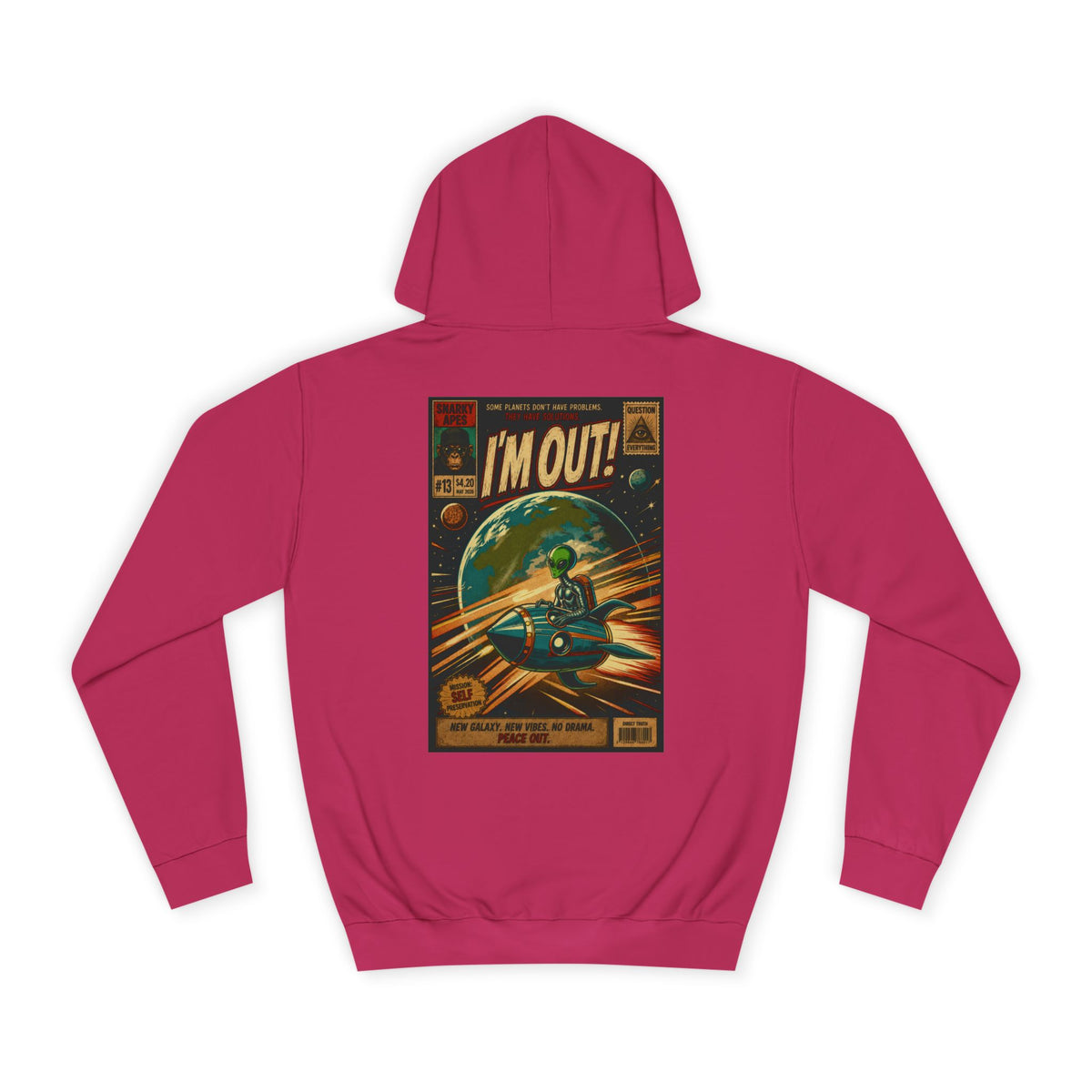 College Hoodie — Retro Sci‑Fi 'I'm Out!' Spaceship Graphic