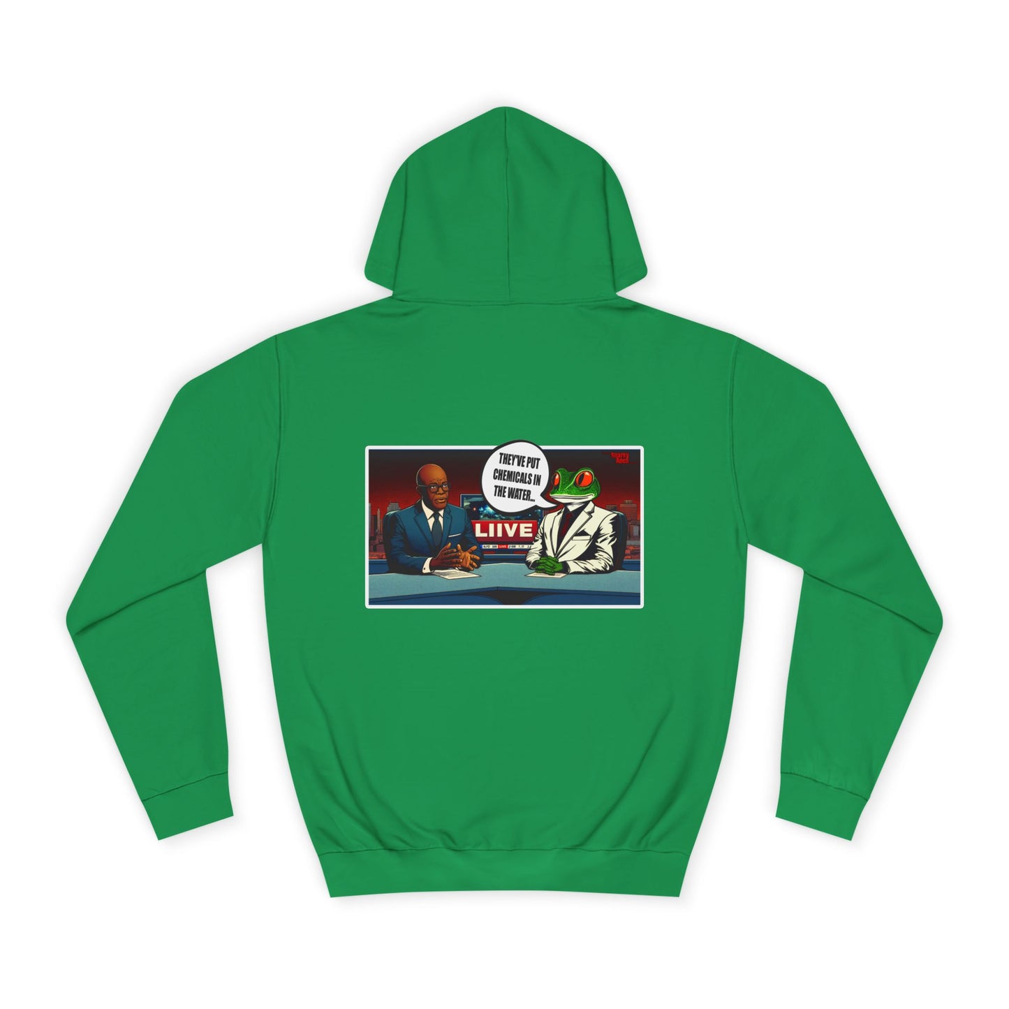 College Hoodie — Retro ‘Live’ News Anchor Graphic Hooded Sweatshirt