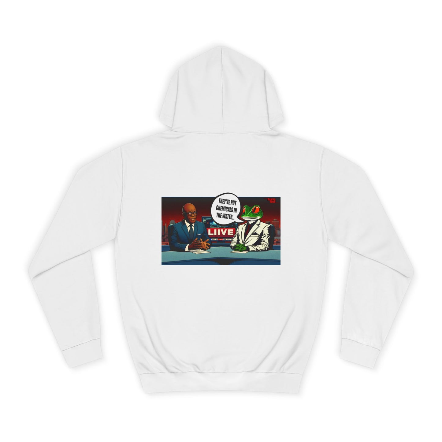 College Hoodie — Retro ‘Live’ News Anchor Graphic Hooded Sweatshirt