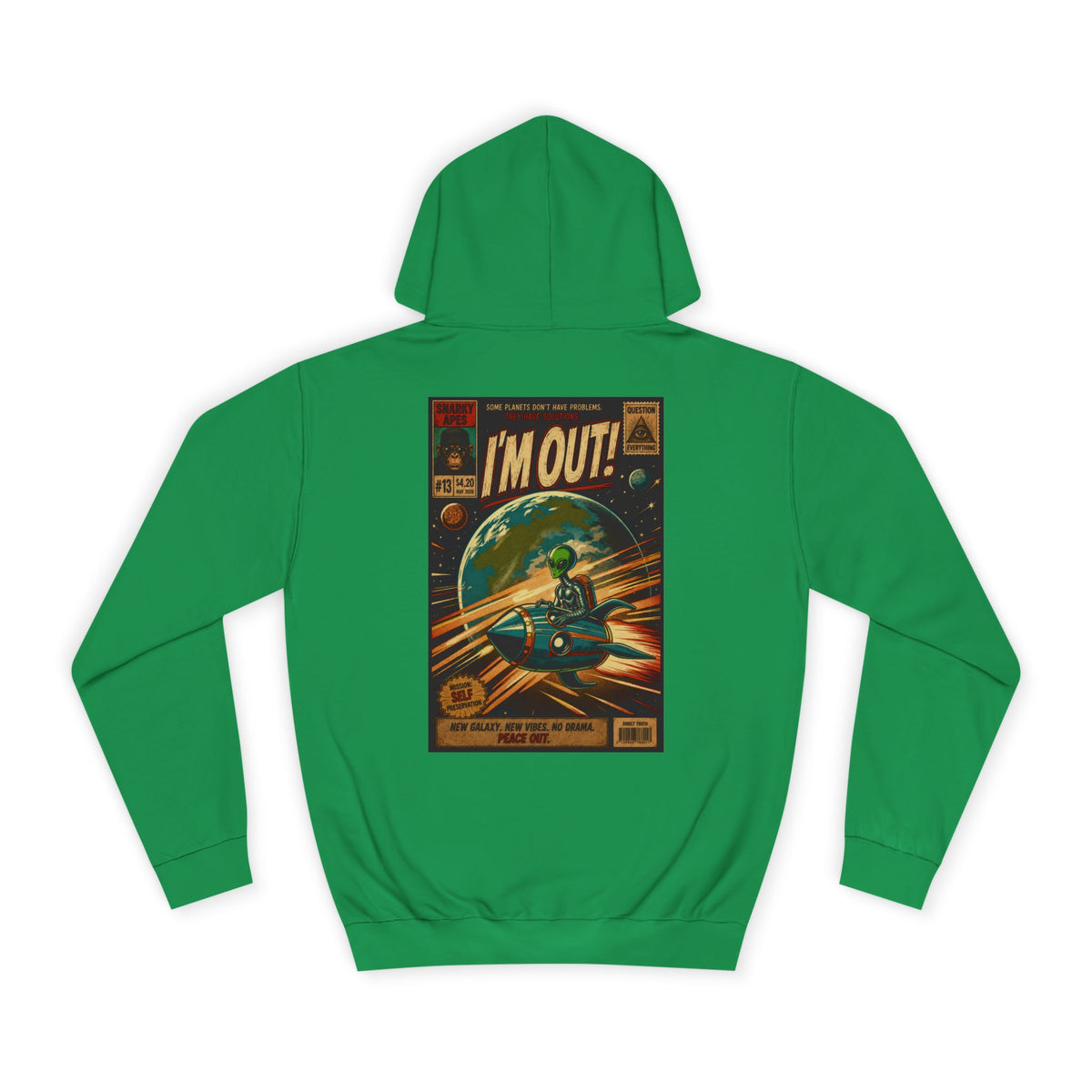 College Hoodie — Retro Sci‑Fi 'I'm Out!' Spaceship Graphic