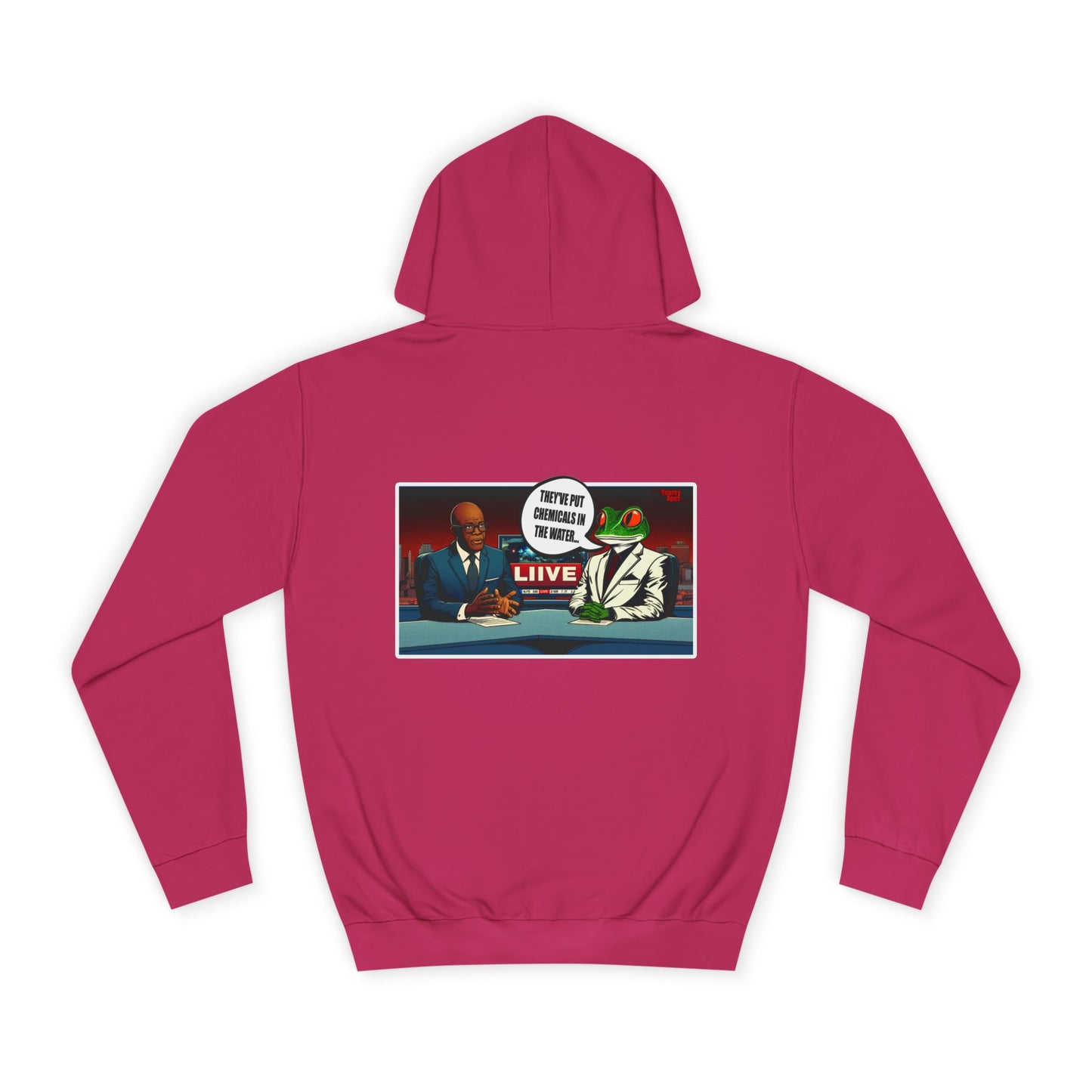 College Hoodie — Retro ‘Live’ News Anchor Graphic Hooded Sweatshirt