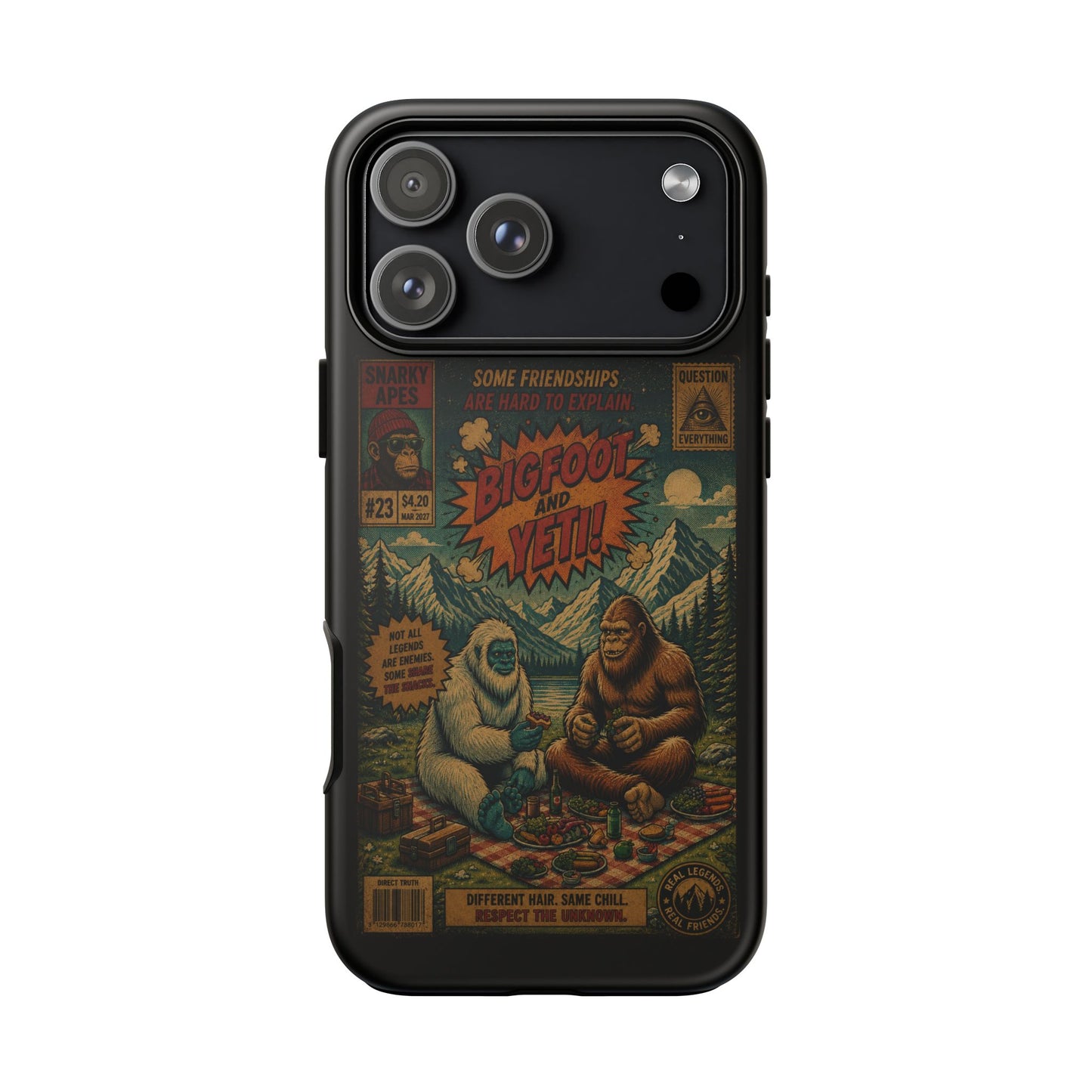 Bigfoot and Yeti Comic Phone Case — Retro Cryptid Illustration Tough Case
