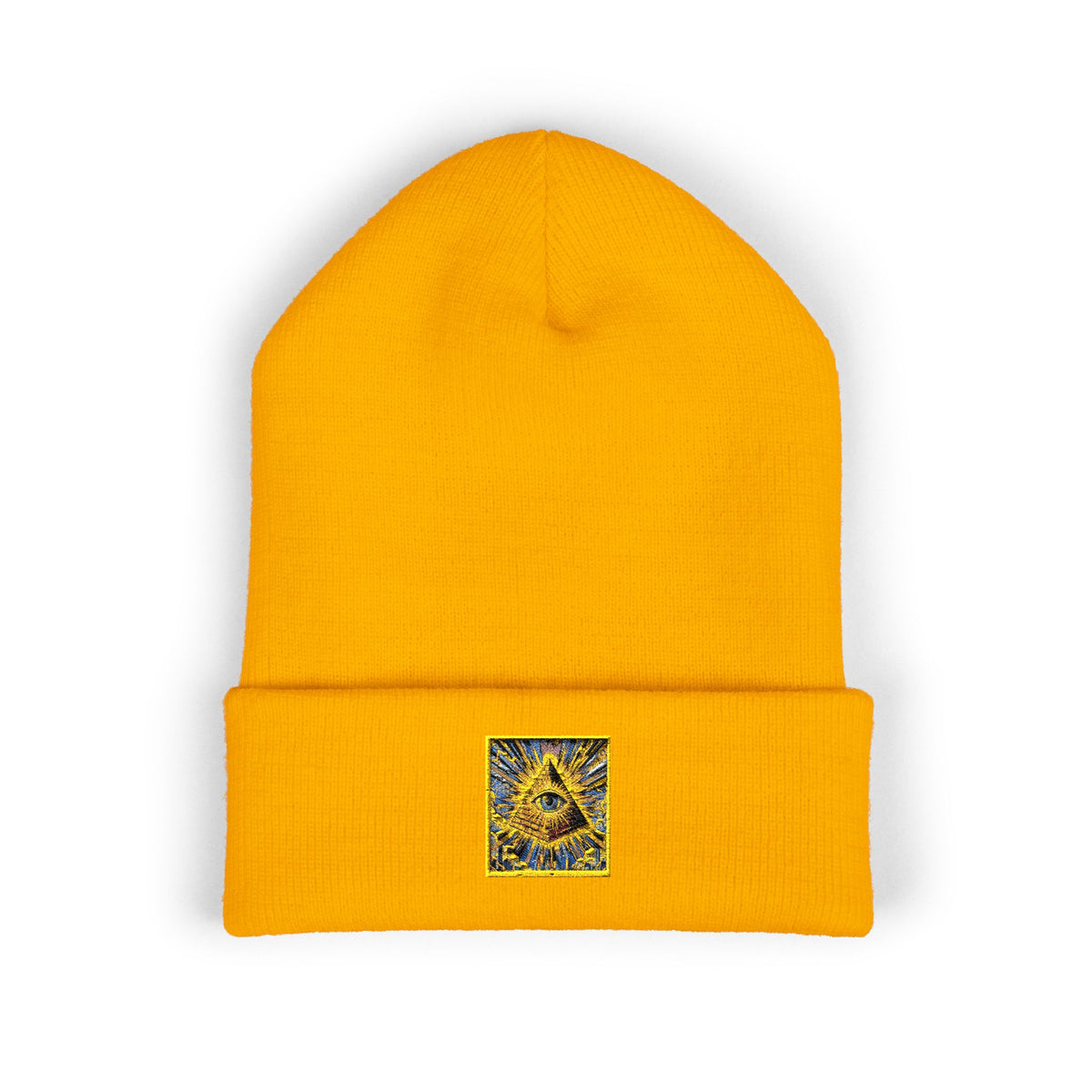 Embroidered Gold Pyramid Beanie — Minimalist Geometric Cuffed Knit Hat