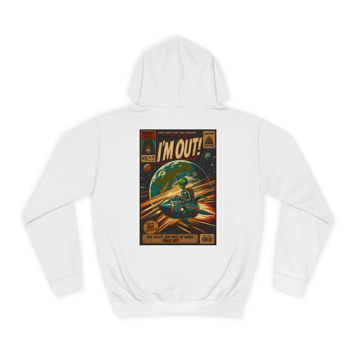 College Hoodie — Retro Sci‑Fi 'I'm Out!' Spaceship Graphic