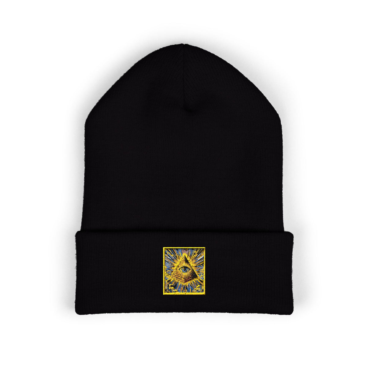 Embroidered Gold Pyramid Beanie — Minimalist Geometric Cuffed Knit Hat