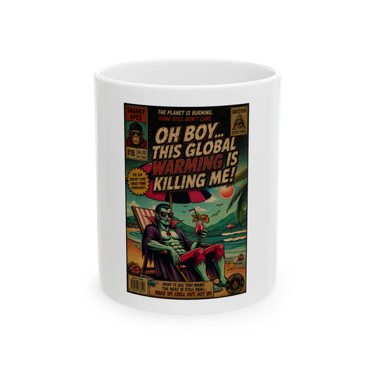 Retro Comic 'Oh Boy This Global Warming Is Killing Me' Ceramic Mug