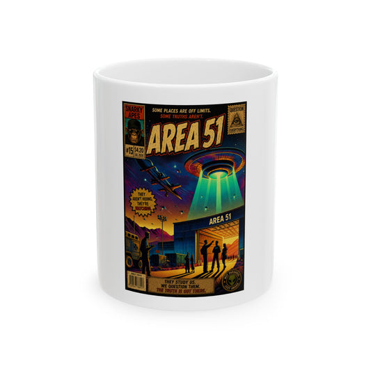 Area 51 Retro UFO Ceramic Mug — Vintage Alien Abduction Coffee Cup (11oz/15oz)