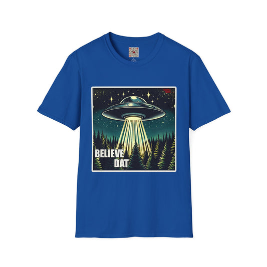 UFO Graphic T-Shirt — "Believe Dat" Retro Alien Abduction Tee
