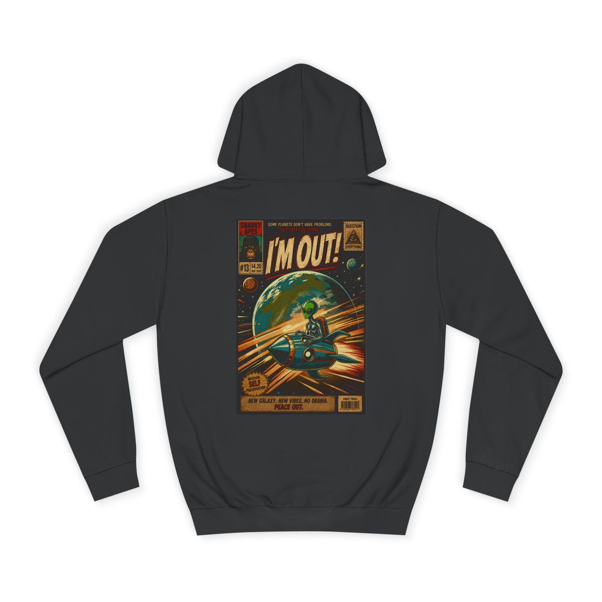 College Hoodie — Retro Sci‑Fi 'I'm Out!' Spaceship Graphic