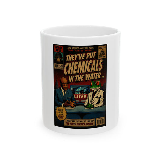 Conspiracy Comic Mug — "They've Put Chemicals in the Water" Ceramic Coffee Cup (11oz/15oz)
