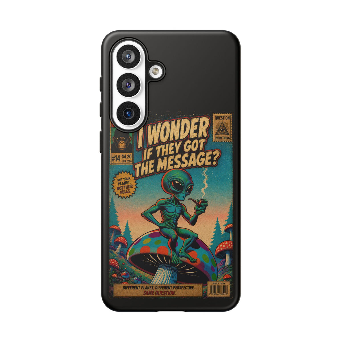 Alien Comic Phone Case — “I Wonder If They Got the Message?” Retro UFO Design
