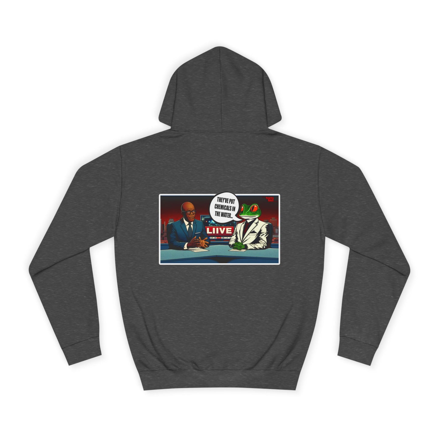 College Hoodie — Retro ‘Live’ News Anchor Graphic Hooded Sweatshirt