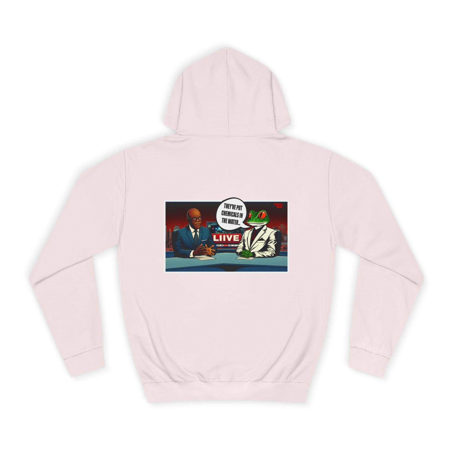 College Hoodie — Retro ‘Live’ News Anchor Graphic Hooded Sweatshirt
