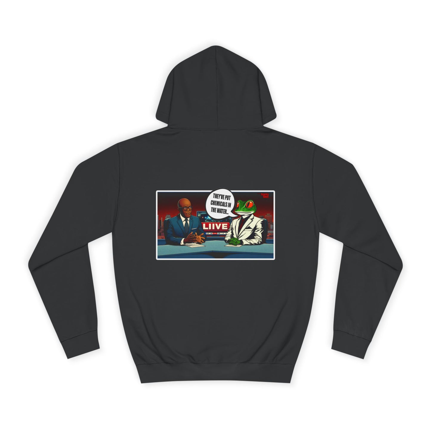 College Hoodie — Retro ‘Live’ News Anchor Graphic Hooded Sweatshirt