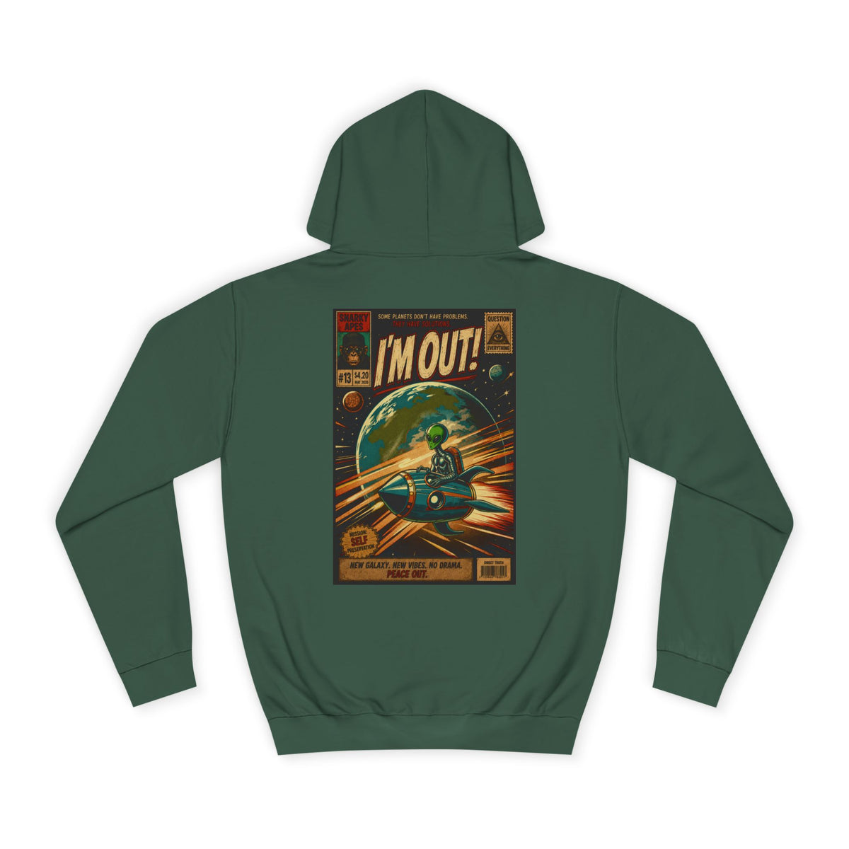 College Hoodie — Retro Sci‑Fi 'I'm Out!' Spaceship Graphic