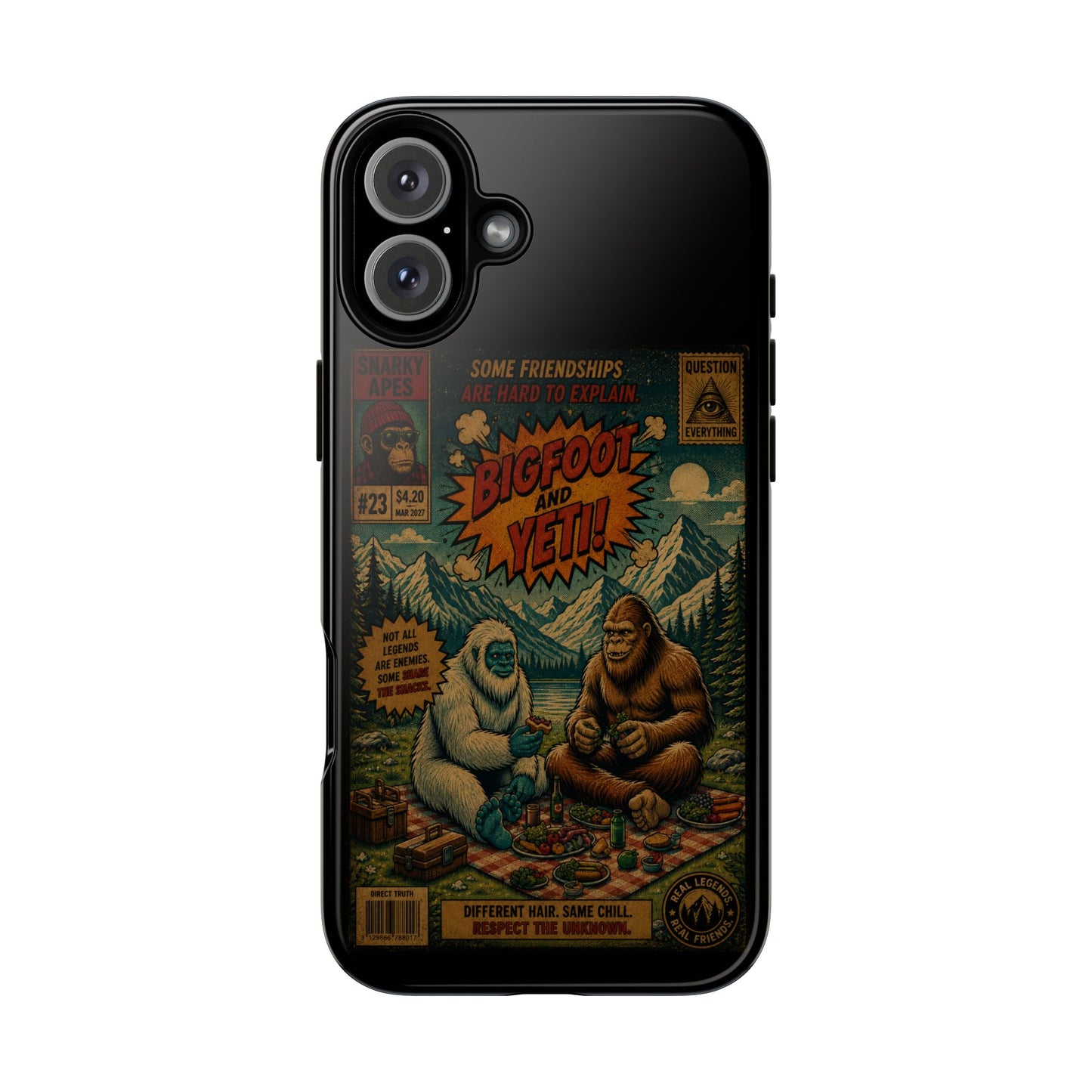 Bigfoot and Yeti Comic Phone Case — Retro Cryptid Illustration Tough Case