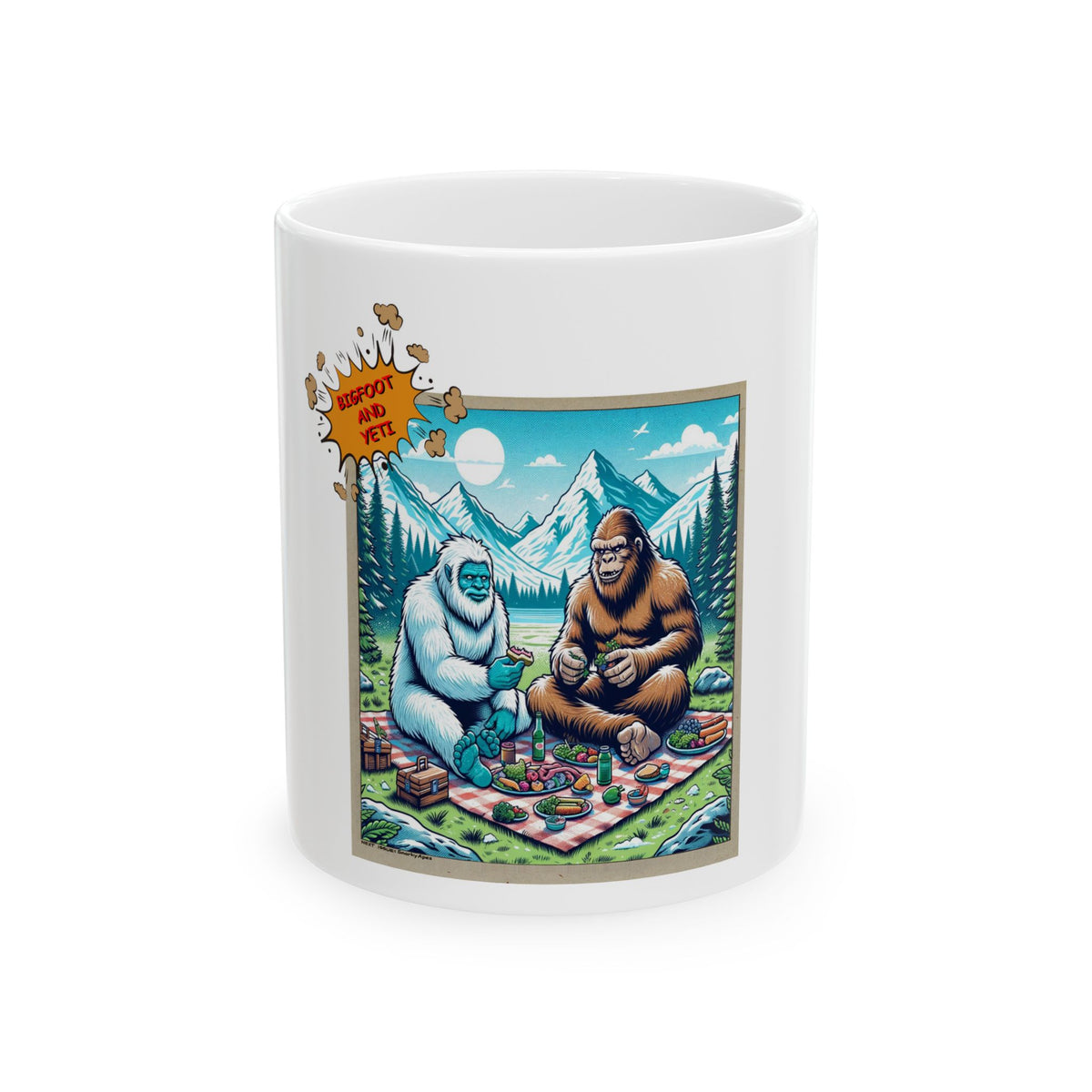 Yeti vs Bigfoot Picnic Ceramic Mug — Funny Sasquatch Coffee Cup (11oz, 15oz)